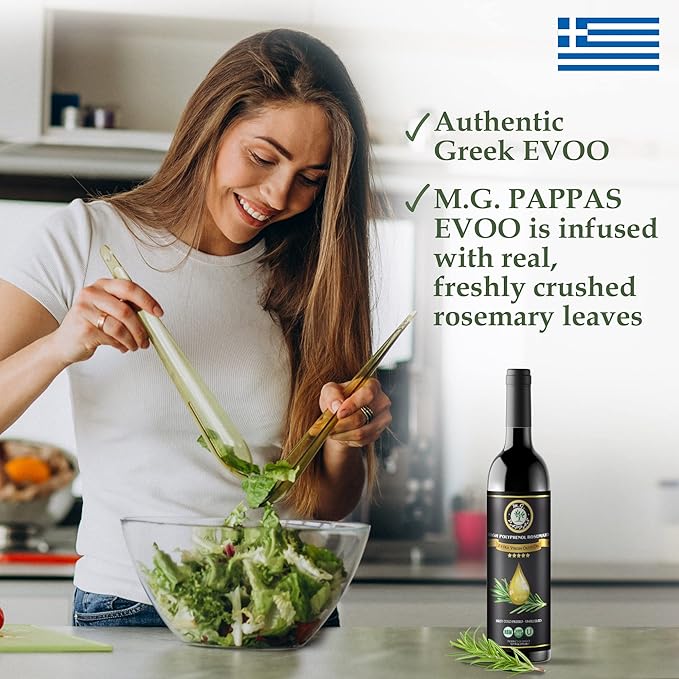 M.G. PAPPAS Rosemary Infused Olive Oil - High Polyphenol Rich Extra Virgin Olive Oil Unfiltered - Over 500mg/Kg - Cold Pressed Greek EVOO Award Winning - Rosemary Oil Cooking 12.7 Oz