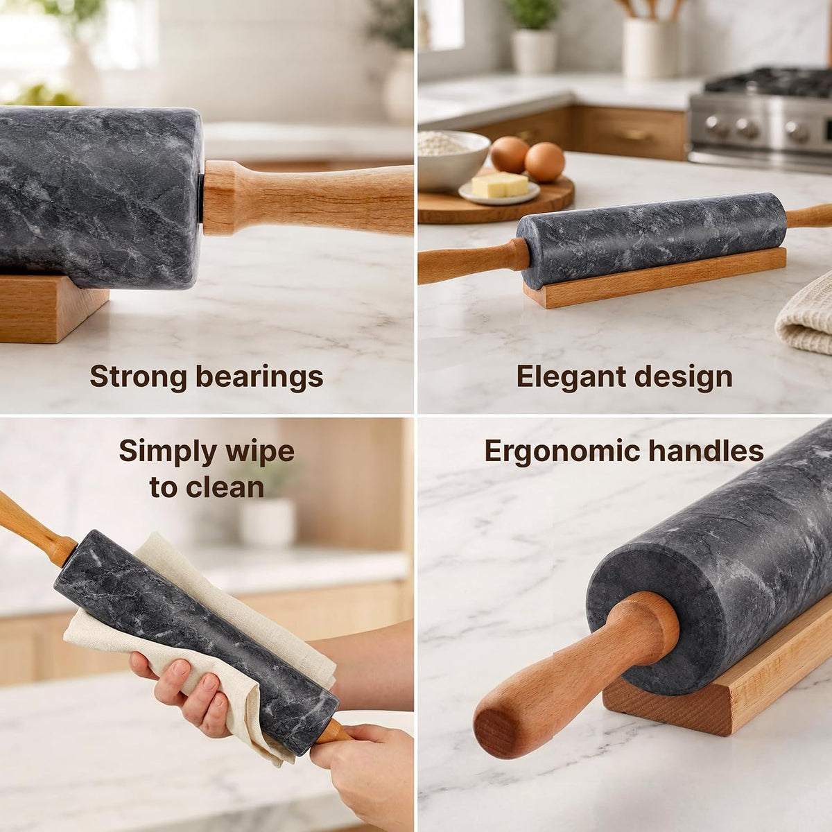 Zulay Kitchen 17-Inch Marble Rolling Pin With Stand - Polished Marble Rolling Pins For Baking - Long Rolling Pin Marble With Beechwood Handle - Non-stick Roller Pin For Baking Pastries, Bread &amp; Pizza