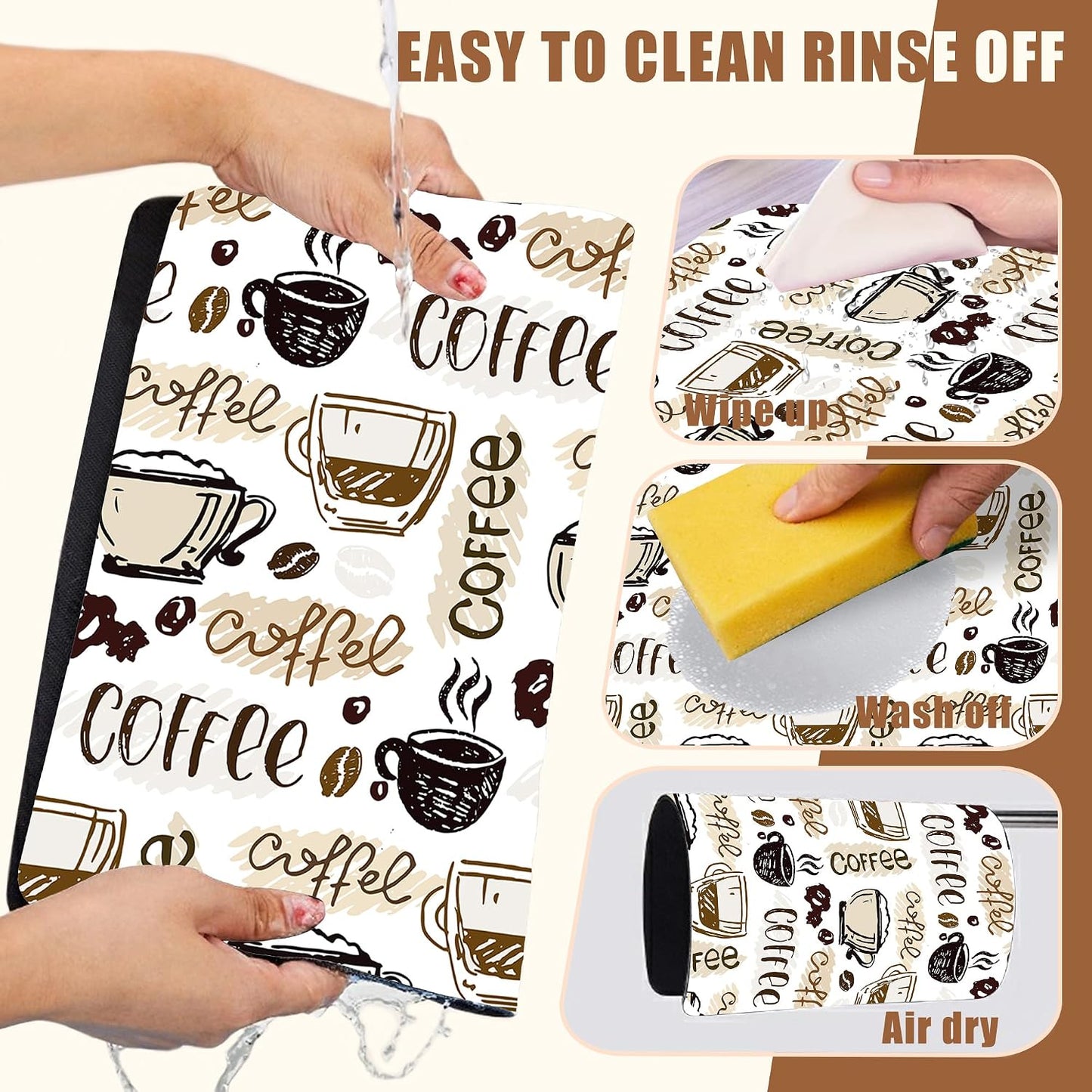 Coffee Cute Doodle Dish Drying Mat for Kitchen Counter Coffee Bar Mat Hide Stain Absorbent Rubber Backed Drying Rack Pad Fit Espresso Machine Table Accessories 11.8 x 19.7 Inch