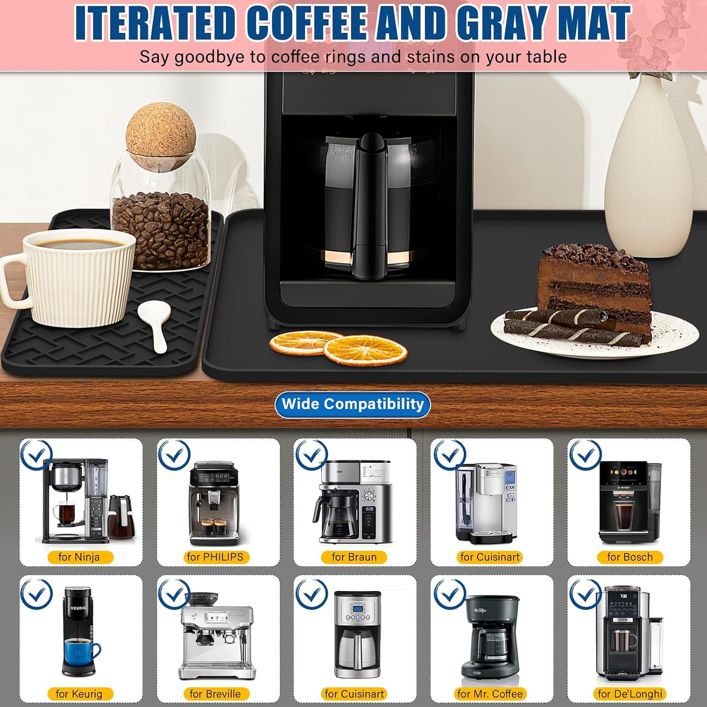 Coffee Mat, 19" x 12" Silicone Coffee Bar Mat, Non-Slip Espresso Machine Mat with 0.44" Raised Edges, Waterproof Heat Resistant Countertop Protector, Dishwasher Safe