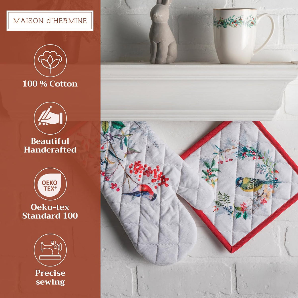 Maison d' Hermine 100% Cotton Oven Mitt & Pot Holder Set (7.5"x13" & 8"x8") Heat Resistant BBQ Cooking Gloves with Loop, Baking, Grilling, Kitchen, Handling Hot Pans (Morzine)