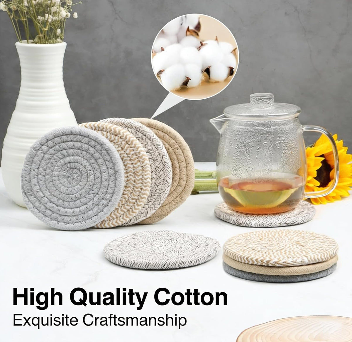 4.8 Inch Woven Drink Coasters Set of 4, Thick Absorbent Coasters, Boho Cotton Neutral Fabric Coaster for Desk Table Office Decor Posavasos for Coffee Cups with Gift Box (Multicolored, 4Pack) -