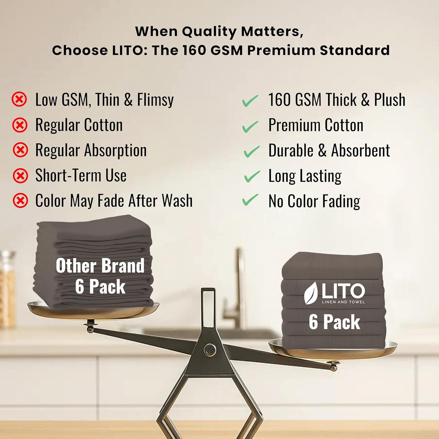 Flour Sack Dish Towels for Kitchen Set of 6 (28"x28") 100% Cotton Bread Dough Proofing Highly Absorbent Hand Towel, Thick Baking Cloth for Baguettes, Ciabatta, Pastry Reusable Tea Towels - Charcoal