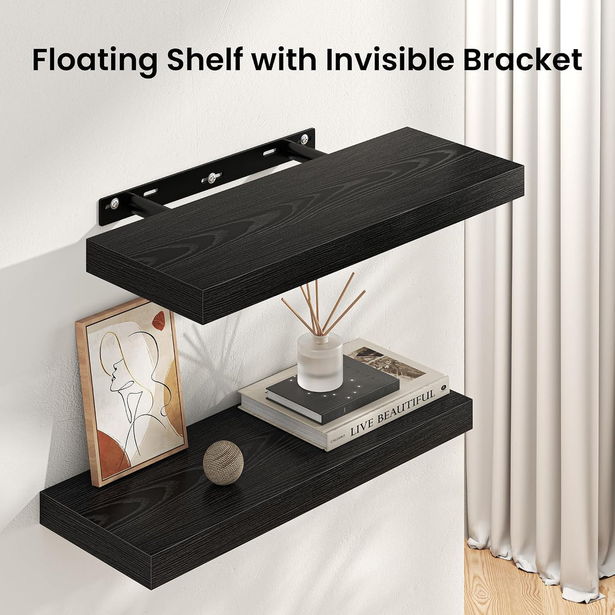 FLYJOE Square Floating Shelves for Wall, 12" W x 12" D x 1.4" H, Small Wooden Wall Mounted Display Shelves with Invisible Brackets for Living Room, Bedroom, Bathroom, Kitchen Decor, Set of 3, Black