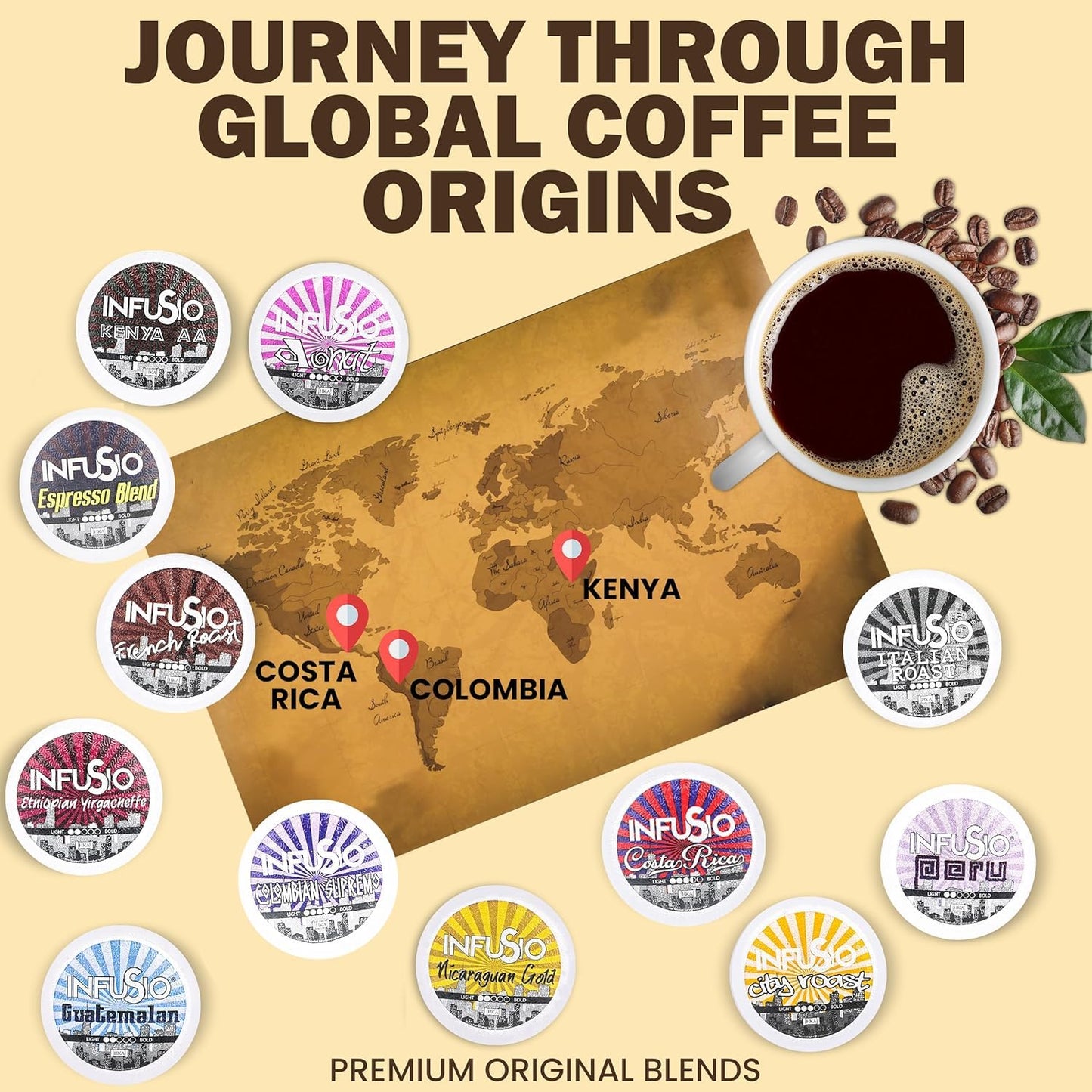 InfuSio Coffee Pods 96 Count Nicaraguan Gold Medium Light Roast Single serve Coffee pods for Keurig K Cup® Brewers - InfuSio Premium Roasted Keurig 2.0 Compatible