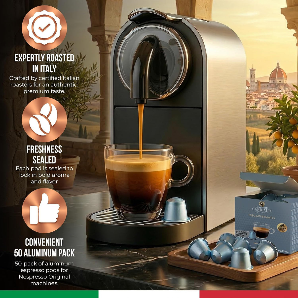 Gran Caffè Garibaldi Espresso Pods, Decaffeinato, 50Count | Italian Roasted Coffee, Decaf Capsules, Intense &amp; Rich Aroma - 50 Aluminum Cups