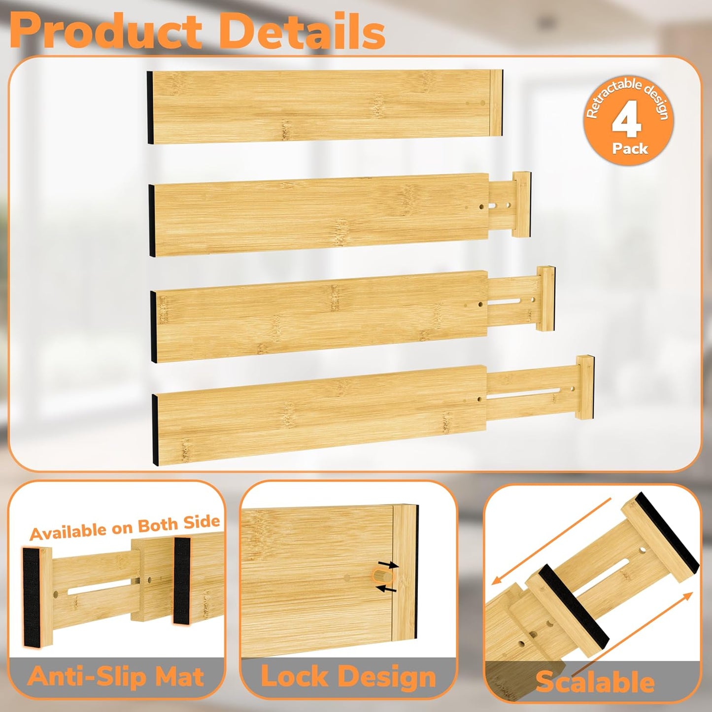 BAMEOS Bamboo Expandable Drawer Dividers – Fits 16.65"–22" Drawers, 3" Deep Walls, Set of 4 | Taller Spring-Loaded Separator Keeps Items Upright in Kitchen &amp; Dresser Drawers
