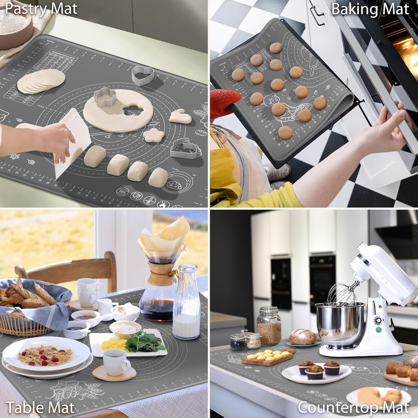 Silicone Baking Mat 24" x 16" Extra Thick Non-stick Pastry Mat with Measurements and Edge Heightening, Food Grade Silicone for Countertop Dough Rolling Making Bread, Cookies, Pizza, Fondant, Pasta