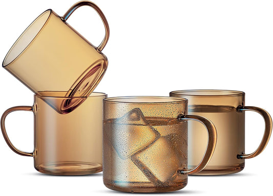 LUXU 4pcs Set Simple Glass Coffee Mugs-Hand Blown&Seamless Design,14 oz Amber Coffee Cups-Heat Resistant and