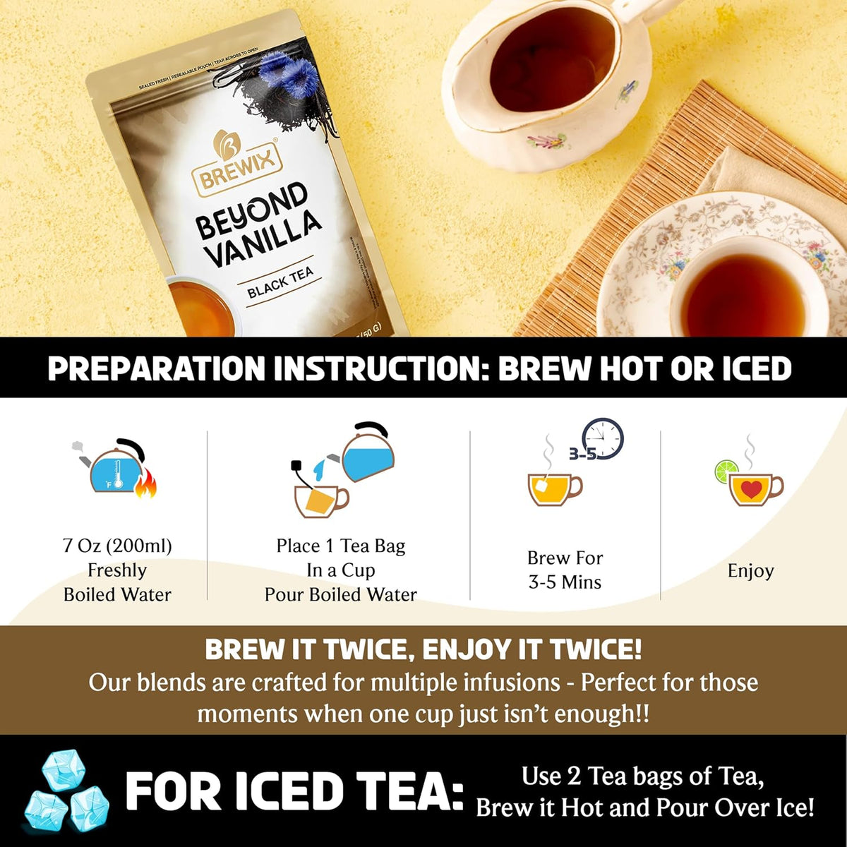 BREWIX, Vanilla Caramel Black Tea Bags - 25 Whole-Leaf Pyramid Sachets | Sugar-Free, Zero-Calorie Dessert Tea | Naturally Flavored Caramel &amp; Vanilla | Keto &amp; Gluten-Free | Hot or Iced, Caffeinated