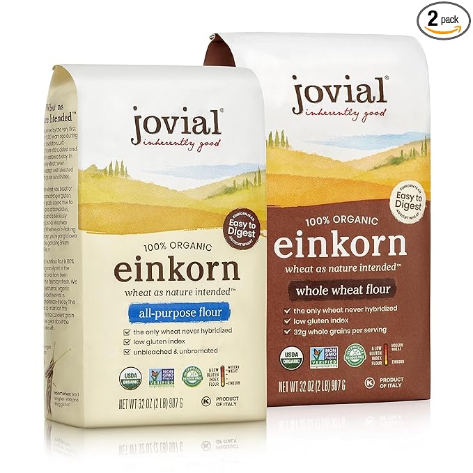Jovial Organic Einkorn Whole Wheat & Unbleached All Purpose Flour - Bread Baking Flour for Sourdough, High Protein, Non-GMO, Organic Pizza & Pasta, European Italian - 32 Oz, 2 Pack