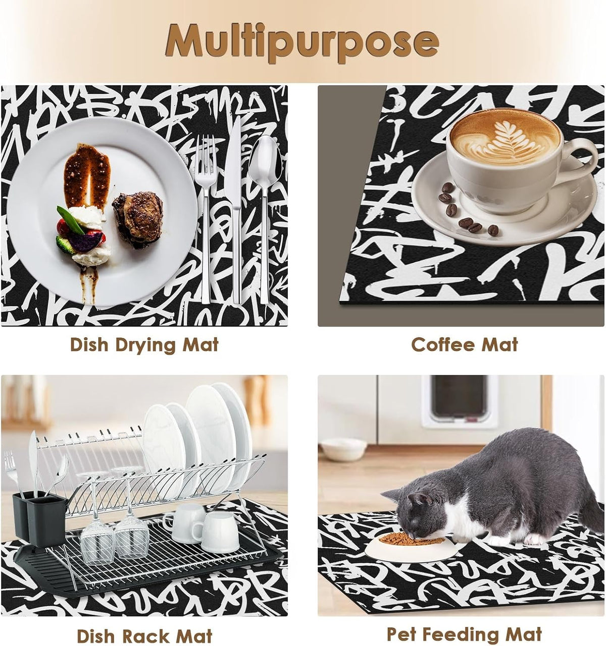Arttown Coffee Mat for Countertops, 2 Pcs, 12" x 19" Graffiti Abstract | Letters Old School Dish Drying Mats Rubber Backed, Kitchen Bar Accessories for Espresso Machine Rack Hide Stain