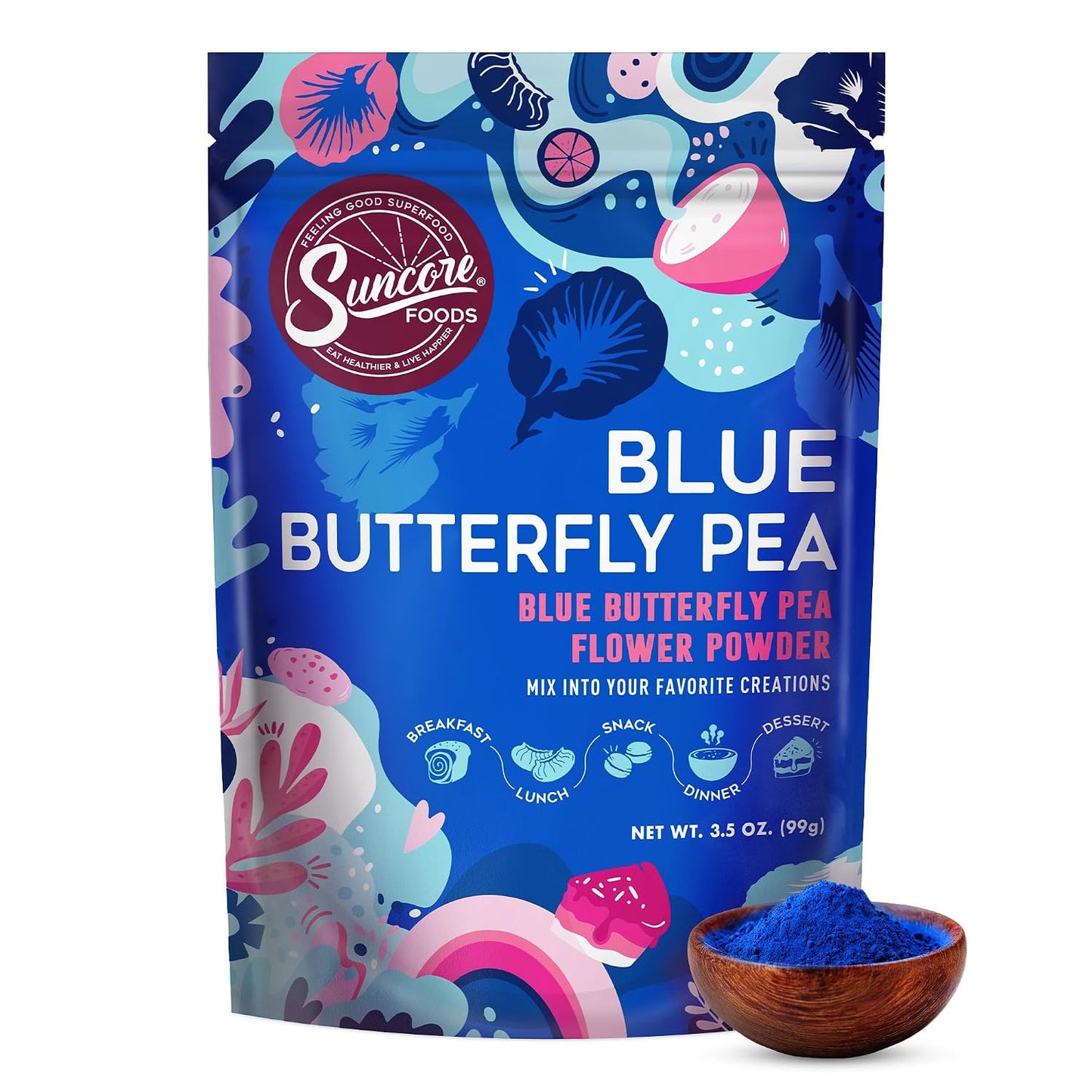 Suncore Foods Butterfly Pea Flower Powder 3.5oz | Gluten Free | Vegan | Natural Blue Food Coloring, Blue Tea for Color-Changing Drinks, Baking, Desserts, Smoothies, Craft, Non-GMO, Resealable Pouch