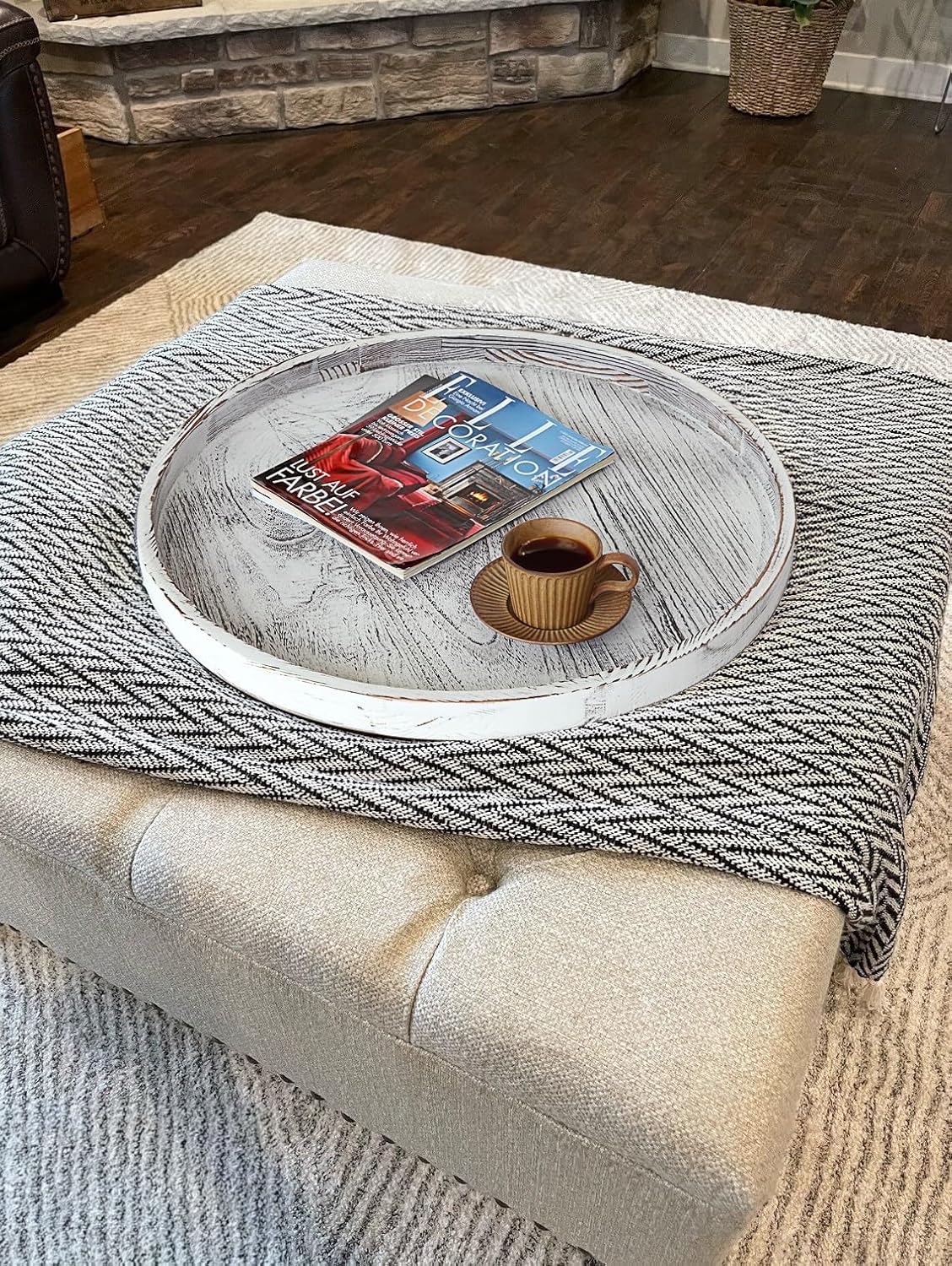 Extra Large Round Ottoman Table Tray Round-24 - Rustic Wooden Serving Tray for Farmhouse Decorative Oversized Coffee Table Trays Living Room Kitchen Counter Breakfast Whitewash