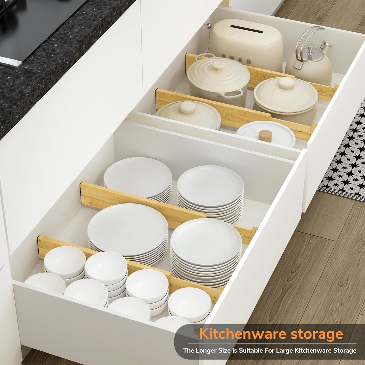 BAMEOS Bamboo Expandable Drawer Dividers – Fits 16.65"–22" Drawers, 3" Deep Walls, Set of 4 | Taller Spring-Loaded Separator Keeps Items Upright in Kitchen &amp; Dresser Drawers