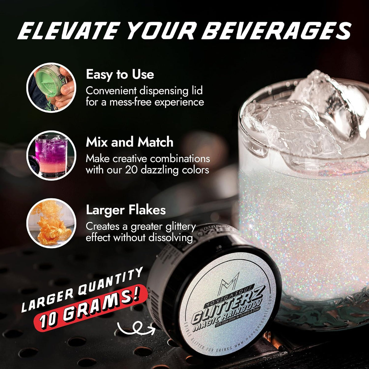 MONÉGASQUE Rainbow Edible Glitter for Drinks &amp; Cakes, Cocktail Glitter, 10g