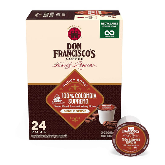 Don Francisco's Colombia Coffee - 24 K-Cup Compatible Single-Serve Pods - 100% Arabica - Recyclable through TerraCycle -