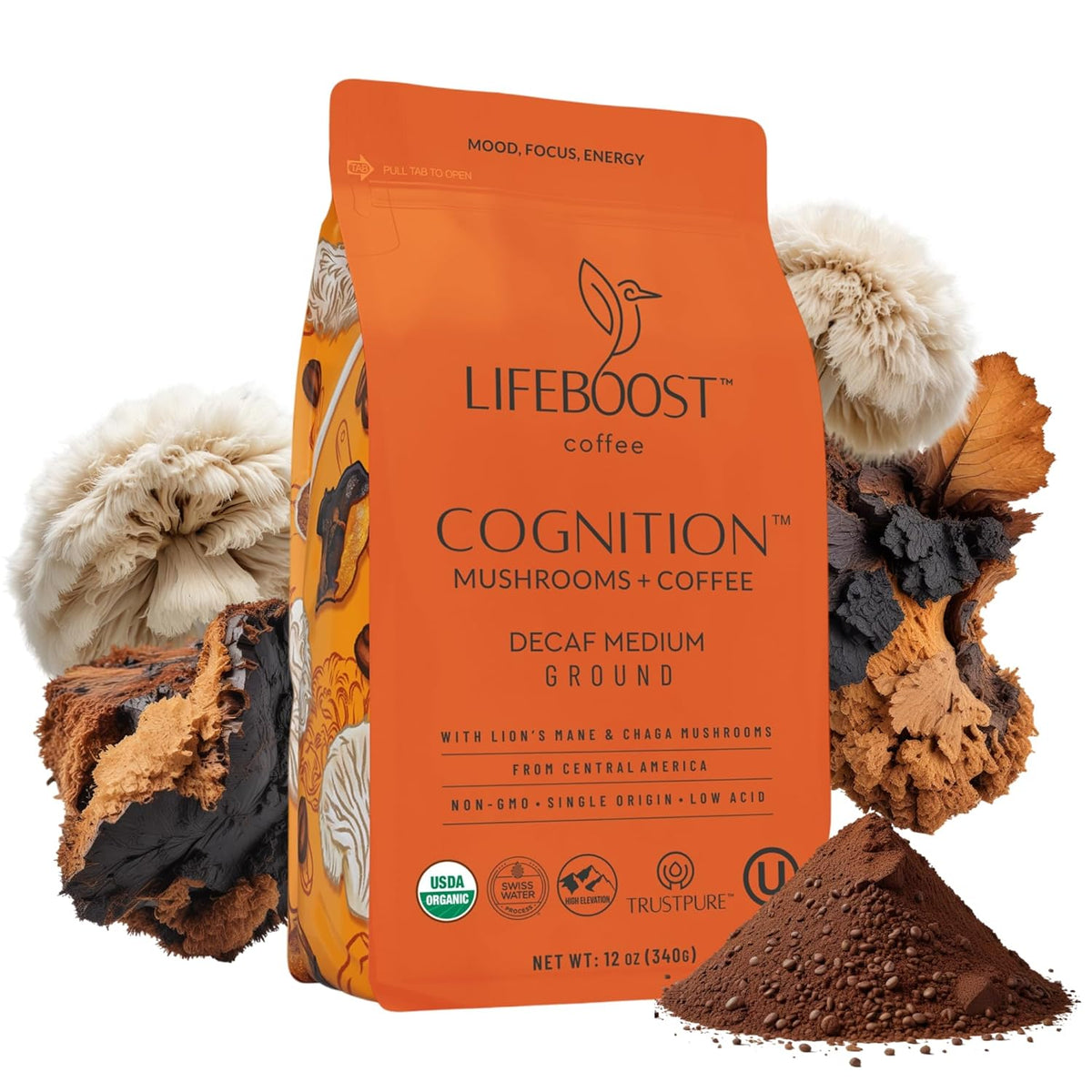 Lifeboost Cognition Decaf Focus Coffee for Calm Energy - Lion’s Mane Mushroom Coffee with Chaga - Organic Medium Roast Decaf Nootropic Coffee - Low Acid Adaptogenic Coffee - 12 oz Ground