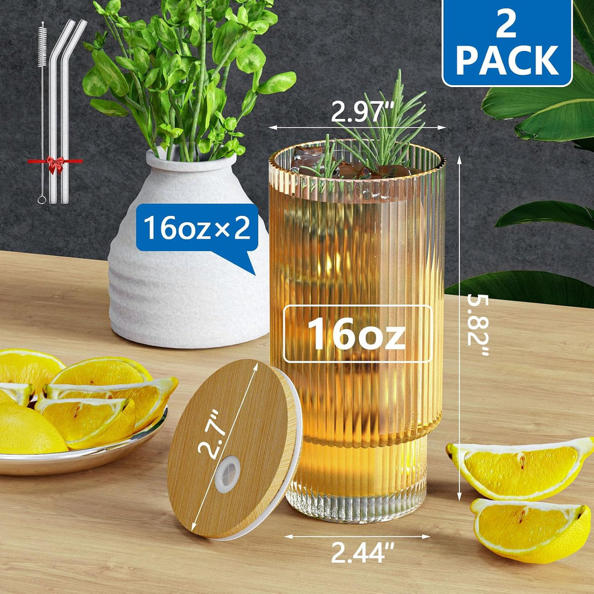 CWHHRN 16OZ Glass Cups with Lids and Straws, Vintage Glassware for Whiskey Cocktail Beer, Iced Coffee Cups with Lid, Glass Tumbler with Straw and Lid (2 PACK)