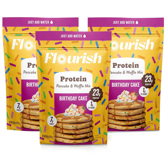 Flourish Protein Pancake & Waffle Mix, with Whey Protein & Flax Seed, No Added Sugar, High in Protein & Fiber - Just Add