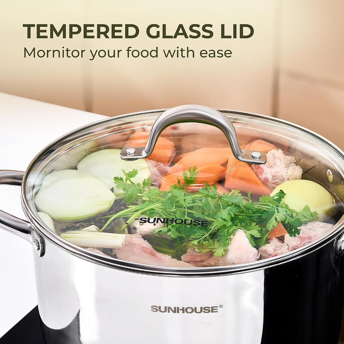 SUNHOUSE 15.5 Quart Stainless Steel Stockpot – Heavy-Duty Induction Pot with Lid and Riveted Handles – Ideal for Soup, Seafood, Stock, Canning, and Catering for Large Groups and Events