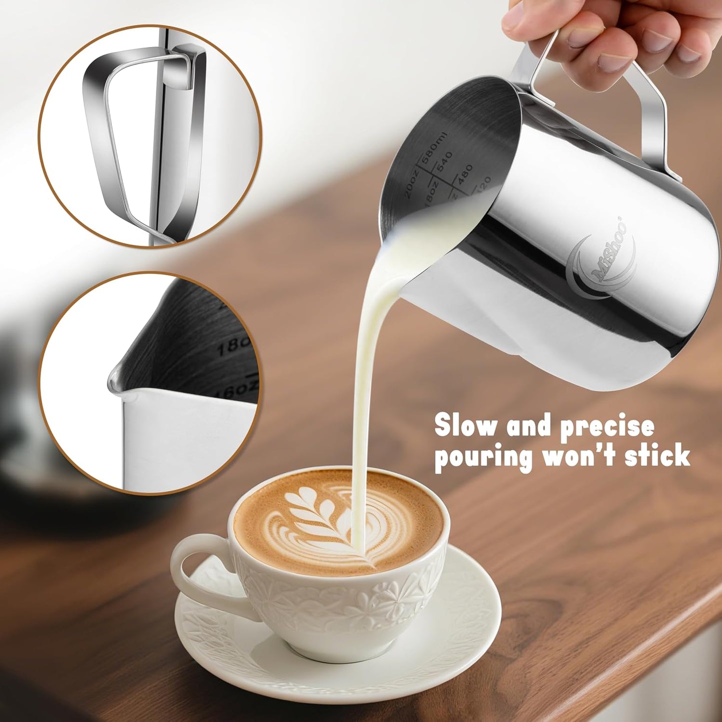 MiShoo™ Milk Frothing Pitcher 20oz – 304 Stainless Steel Milk Frother Cup for Espresso, Latte &amp; Cappuccino – Mixing Pitcher with Spouse Rustproof, Precise Pour Spout, Easy-Clean Espresso Accessories