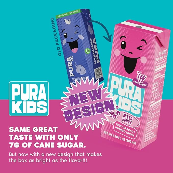 PURA Kids Box | Mixed Berry Fruit Extract Infused Drink for kids | 7g Of Pure Cane Sugar | Non-GMO | Vegan, No Artificial Sweeteners | Best Lunchbox Beverage with Paper Straw | 6.76 fl oz (200ml), Pack of 24