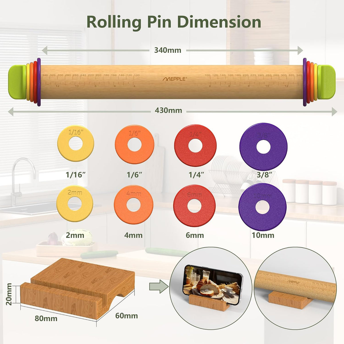 Rolling Pin with Thickness Rings,13.6''Dough Roller&amp;Stand Fits Baking Dough
