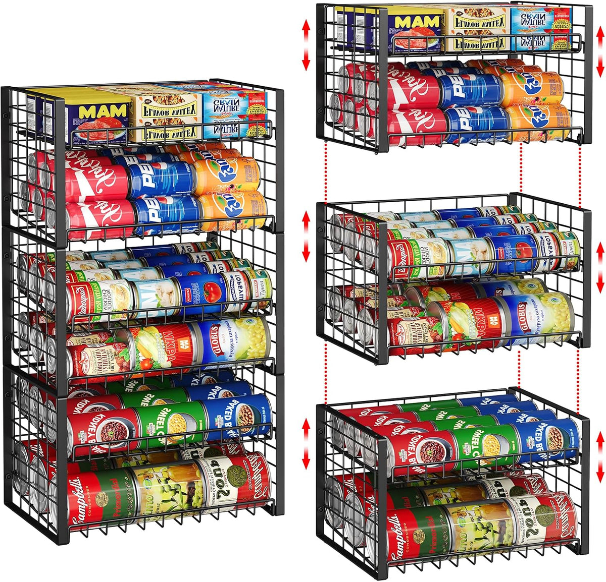 2 Pack Stackable Can Organizer for Pantry, Adjustable Can Holder Rack for Canned Food Soda Drink Goods Storage up to 60 Cans Storage, 2-Tier, Black