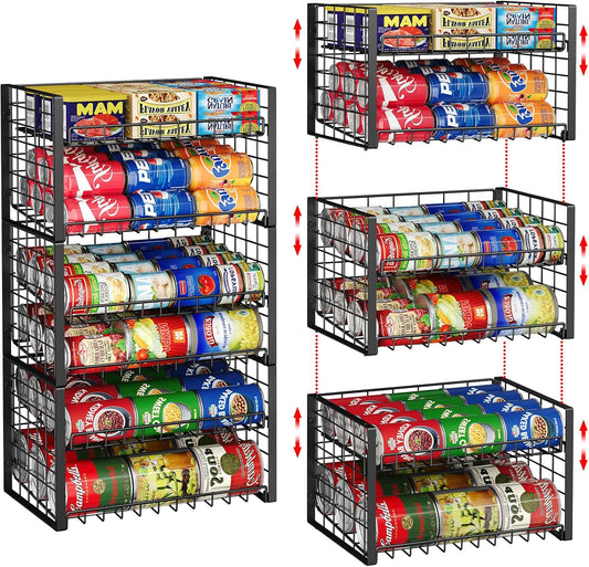 2 Pack Stackable Can Organizer for Pantry, Adjustable Can Holder Rack for Canned Food Soda Drink Goods Storage up to 60 Cans Storage, 2-Tier, Black