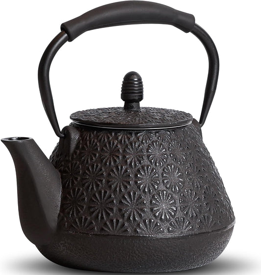 Cast Iron Teapot, 32oz Tea Kettle with Infuser for Stove Top, Sakura Blossom Pattern Japanese Tea Pot for Tea &amp; Coffee Coated with Enameled Interior, Silicone Handle 950ml black