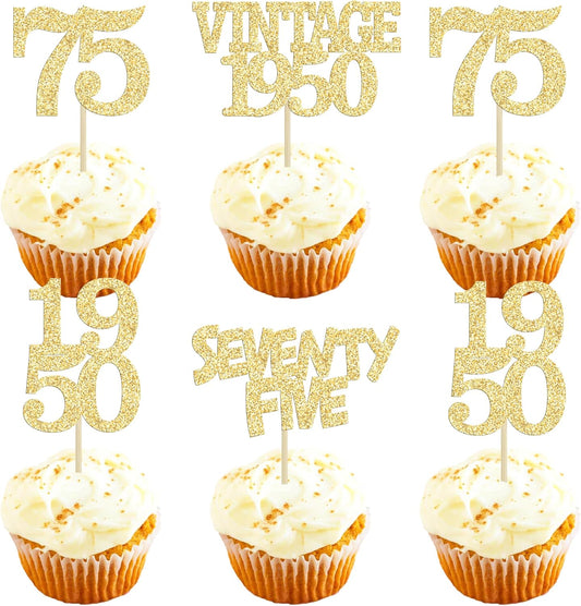 Gyufise 24Pcs 75th Birthday Cupcake Toppers Glitter Cheers to 75 Fabulous Seventy Five Vintage 1950 Cupcake Picks 75th