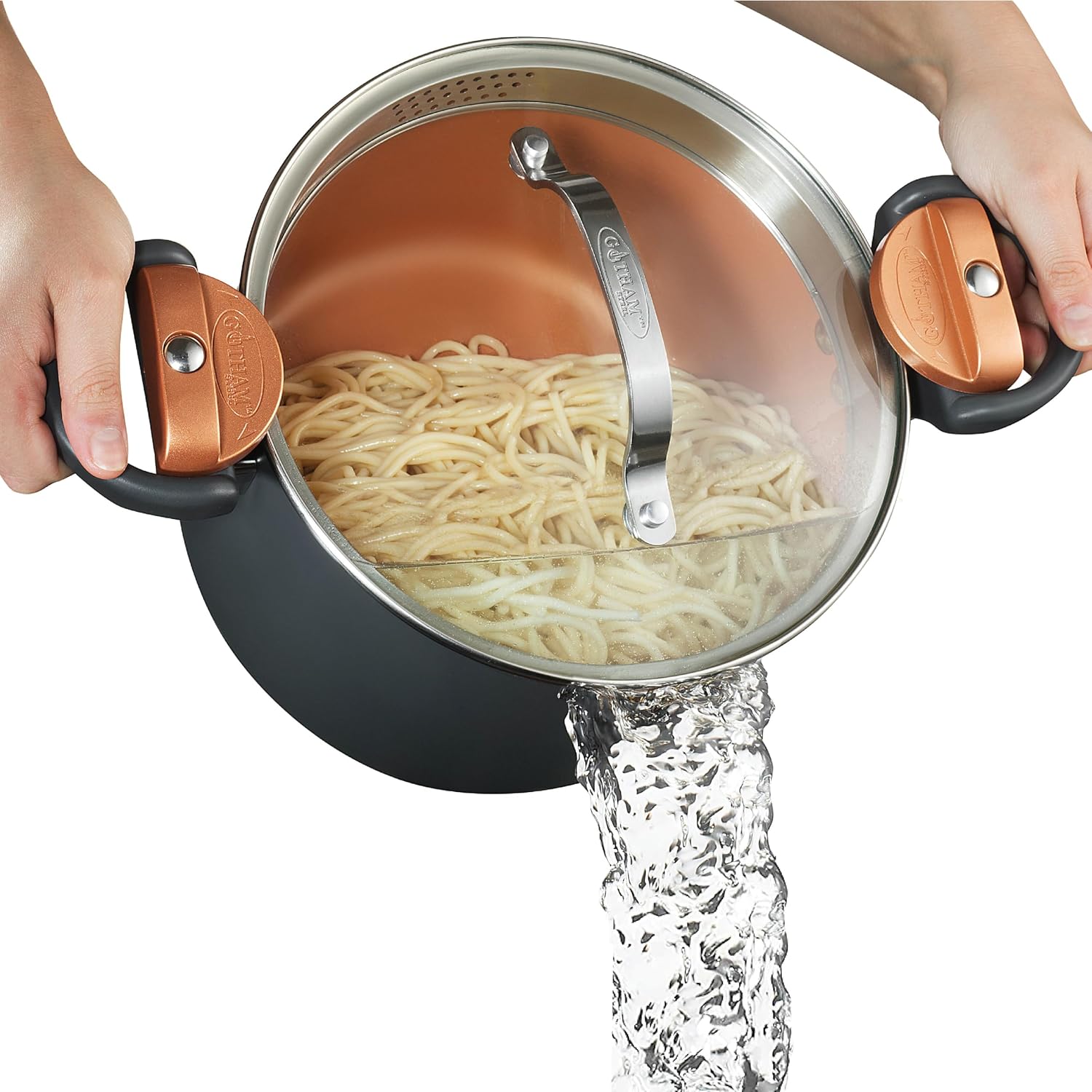 Gotham Steel 5 Quart Stock Pot Multipurpose Pasta Pot with Strainer Lid & Twist and Lock Handles, Nonstick Ceramic Surfa
