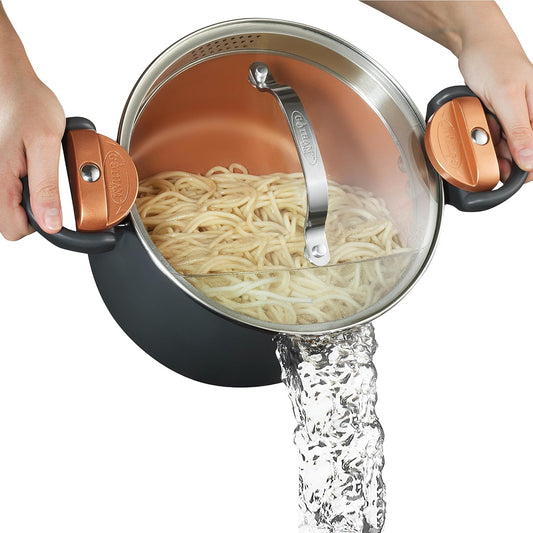 Gotham Steel 5 Quart Stock Pot Multipurpose Pasta Pot with Strainer Lid & Twist and Lock Handles, Nonstick Ceramic Surfa