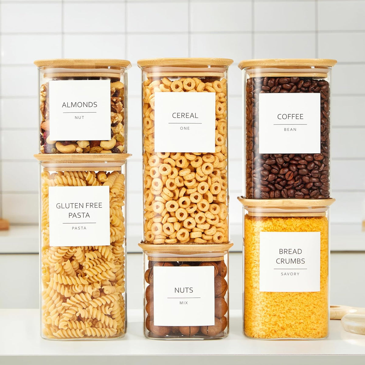 Talented Kitchen Square Glass Food Storage Containers - Airtight & Labeled Glass Kitchen Storage Containers - Space-Saving Stackable Square Pantry Jars - Pack of 6, 24/37/51 fl oz