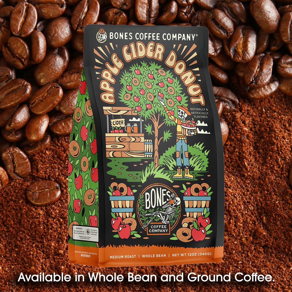 Bones Coffee Company Apple Cider Donut Flavored Coffee, Medium Roast Low Acid Arabica Beans Compatible with Auto drip and French Press Coffee Maker, 12 Oz Ground