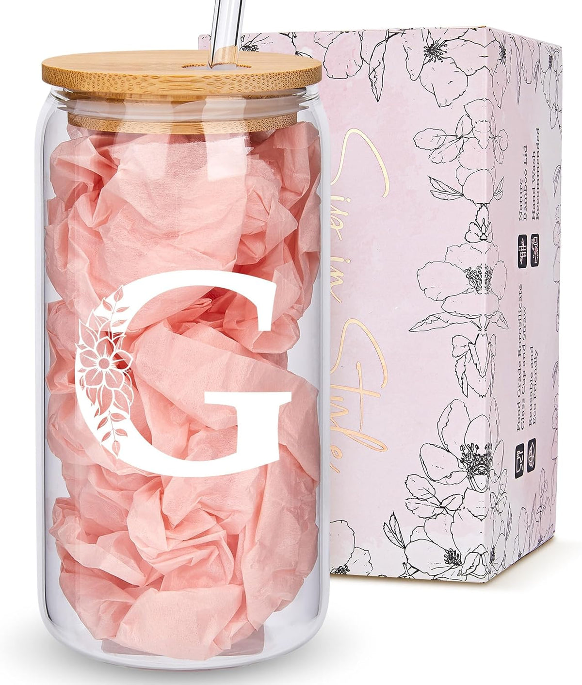 Personalized Gifts for Women, Monogrammed Glass Cups with Lids and Straws, Custom Tumbler, Cute Customized Mug, Aesthetic Stuff, Initial Iced Coffee Cup, Drinking Glasses, Birthday Teacher Gifts, G