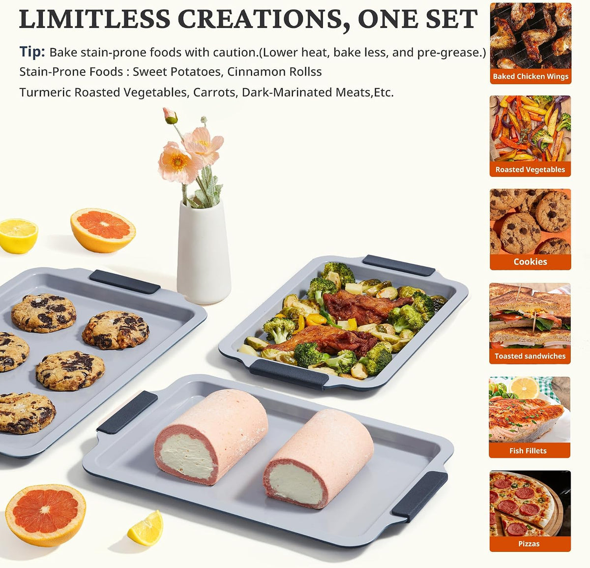 BRONYPRO Non Stick Ceramic Baking Sheet Pan Set of 3, Non Toxic Cookie Sheets (PFOA/PTFE Free), Aluminized Steel Oven Trays with Silicone Handles, Rust-Resistant, Warp-Resistant to 500°F, Blue Gray