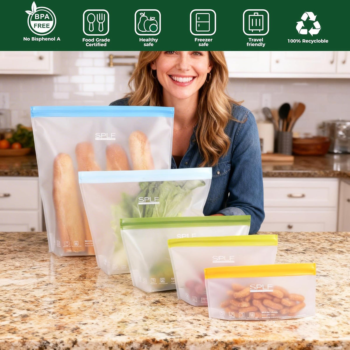 SPLF 10 Pack Stand-Up Reusable Food Storage Bags Dishwasher Safe, BPA Free Reusable Freezer Bags, Extra Thick Leakproof for Meal Prep, Sandwich, Bread, Veggies - 3 Gallon 4 Quart 3 Snack