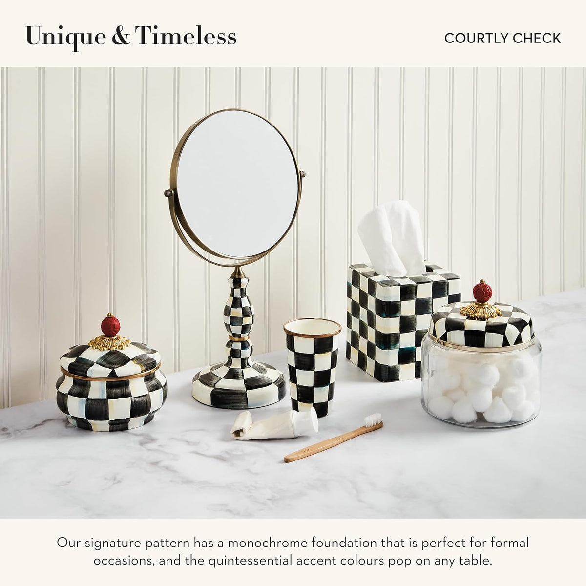 MACKENZIE-CHILDS Enamel Squashed Pot, Black-and-White Courtly Check | Hand-painted design, decorative container with lid, made from enameled steel, 5" dia. x 5.5" H, 20-ounce capacity
