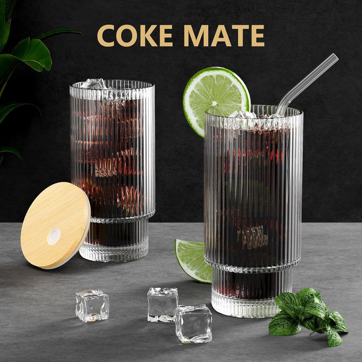 CWHHRN 16OZ Glass Cups with Lids and Straws, Vintage Glassware for Whiskey Cocktail Beer, Iced Coffee Cups with Lid, Glass Tumbler with Straw and Lid (2 PACK)