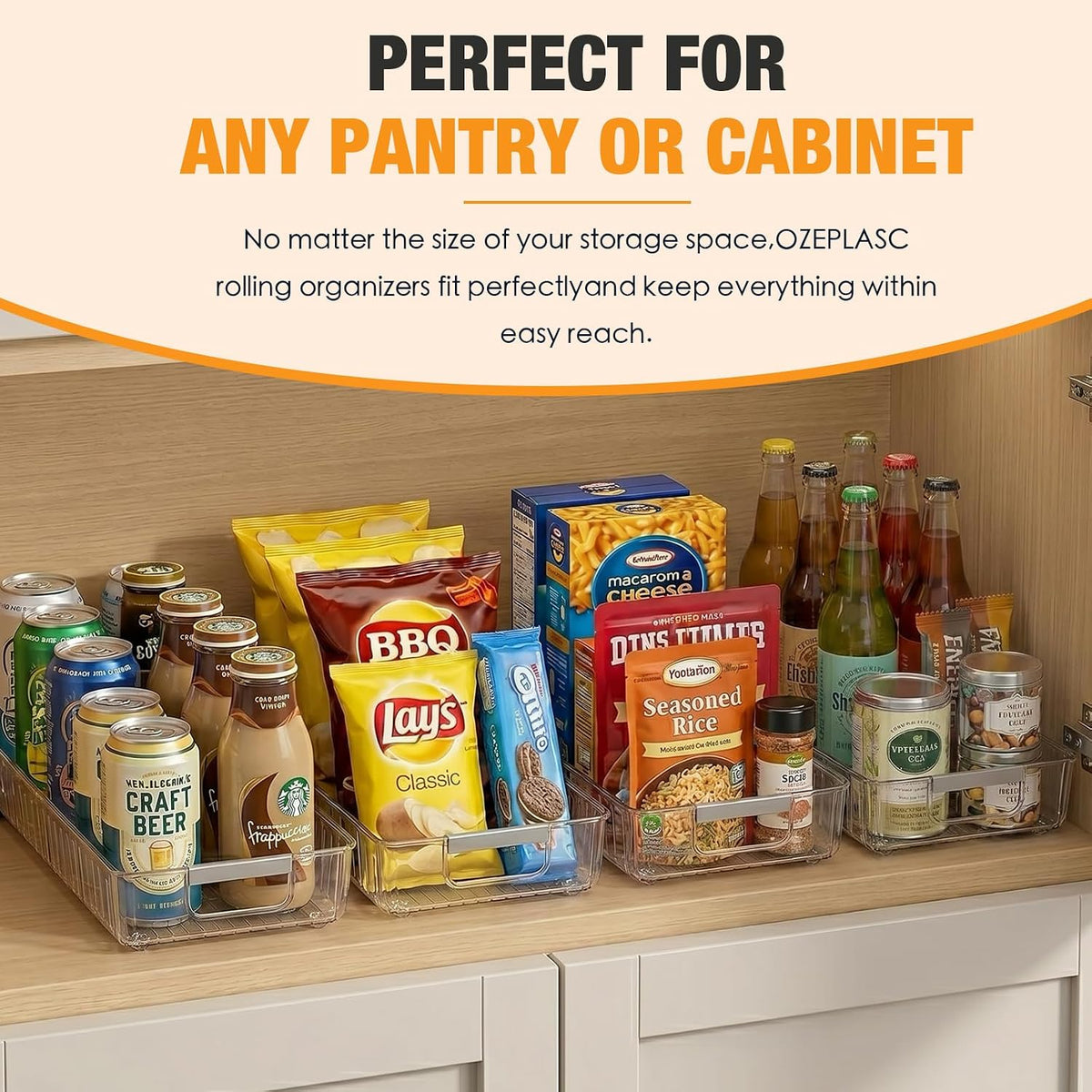 Refrigerator Organizers and Storage Roll Out Storage Bins Fridge Organizer with Wheels BPA-Free Clear Plastic Storage Bins Pantry Organizers and Storage 2 Pack