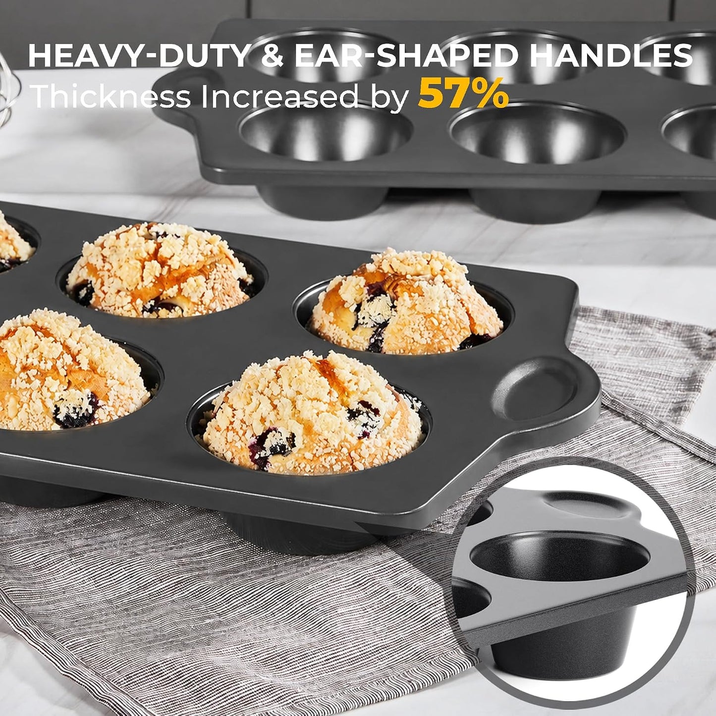 Nonstick Jumbo Muffin Pan, 2 Pack Large Cupcake Tin with 120pcs Muffin Liners, Cup Cake Tray for Baking, 3.5dia, 6 Cup, Premium, Extra Thick