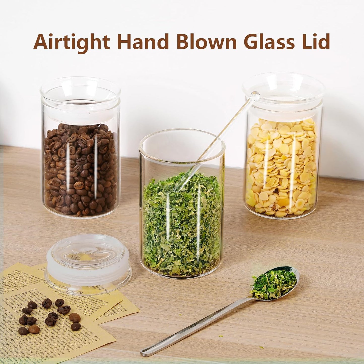 ZENS 15oz Glass Food Storage Jars Set of 3, Clear Glass Canisters with Airtight Lids, Small Container Spice Jars for Kitchen Herbs, Sugar, Blooming Tea, Candy