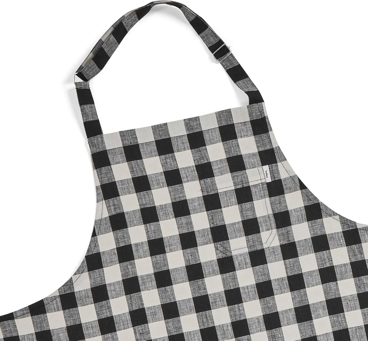 Solino Home 100% Pure Linen Apron, 33 x 30 in, Black and Cream, Bib Apron