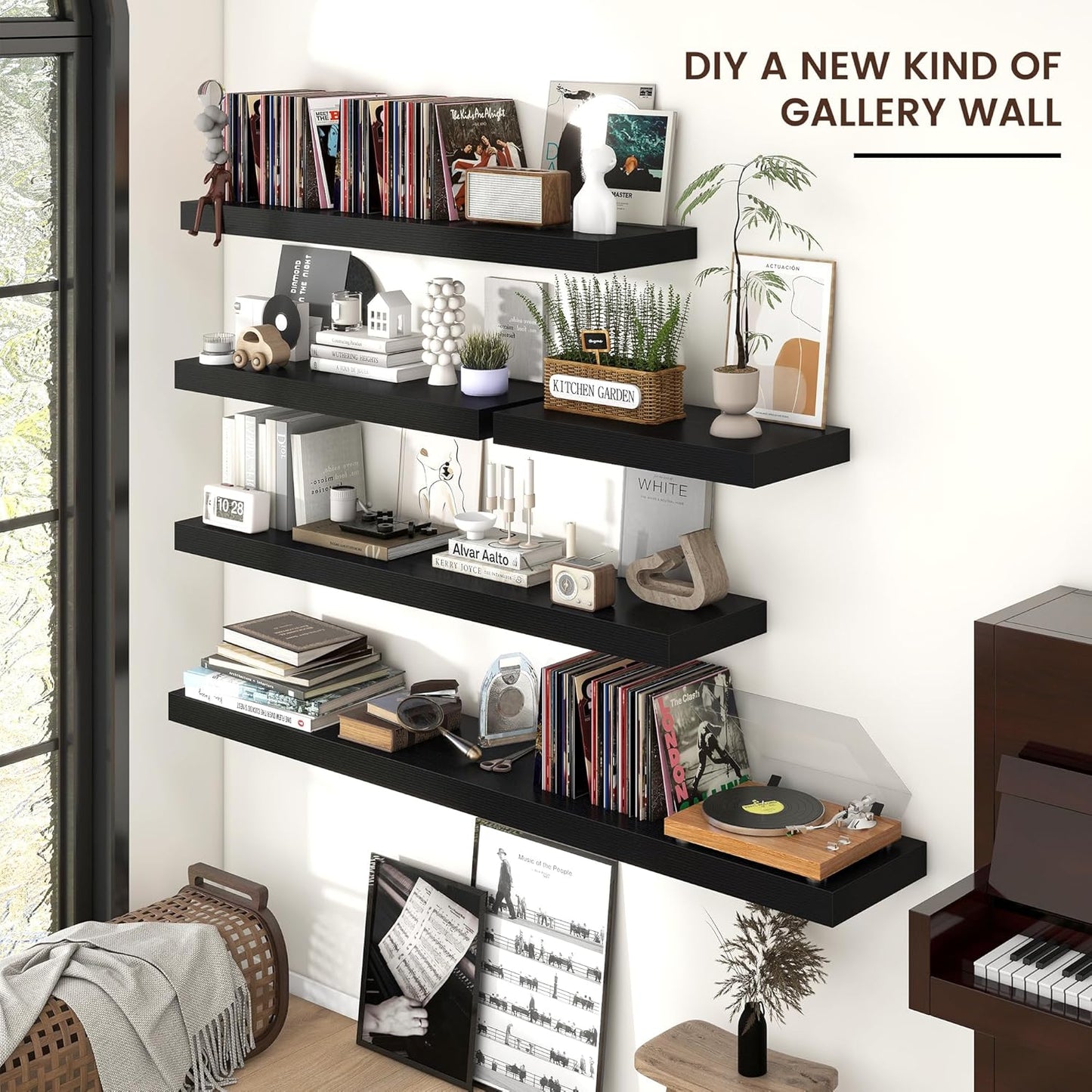 Floating Shelves for Wall, Large Wall Mounted Shelves with Invisible Brackets, Long Wood Floating Shelf for Living Room, Bedroom, Kitchen, (Black, 72" W x 9" D x 1.5" H)