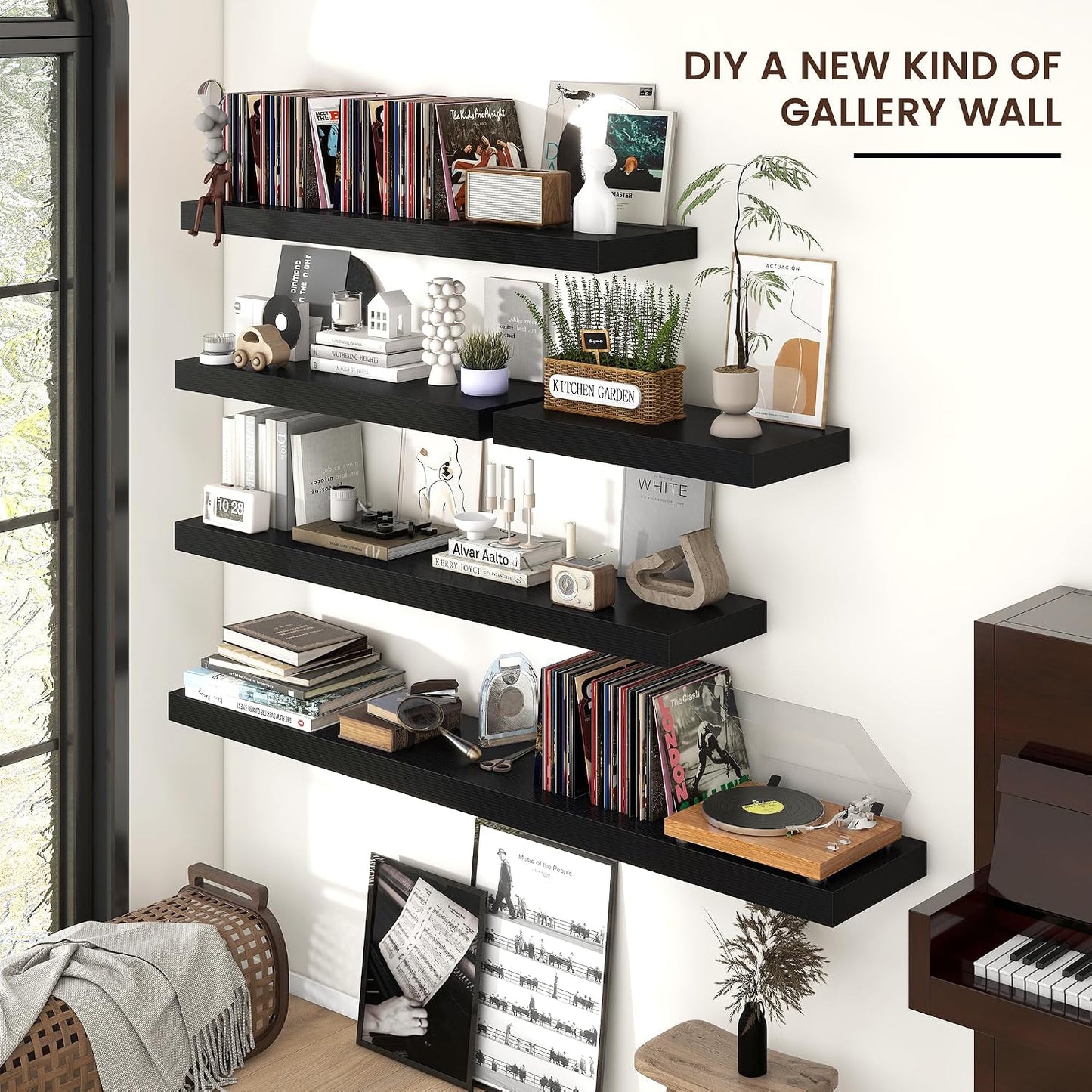 Venusmiles Floating Shelves for Wall, Engineered Wood Wall Shelves with Invisible Brackets for Living Room Bedroom Bathroom Office Kitchen Decor and Storage (Black, 72" W x 9" D x 1.5" H) Set of 1