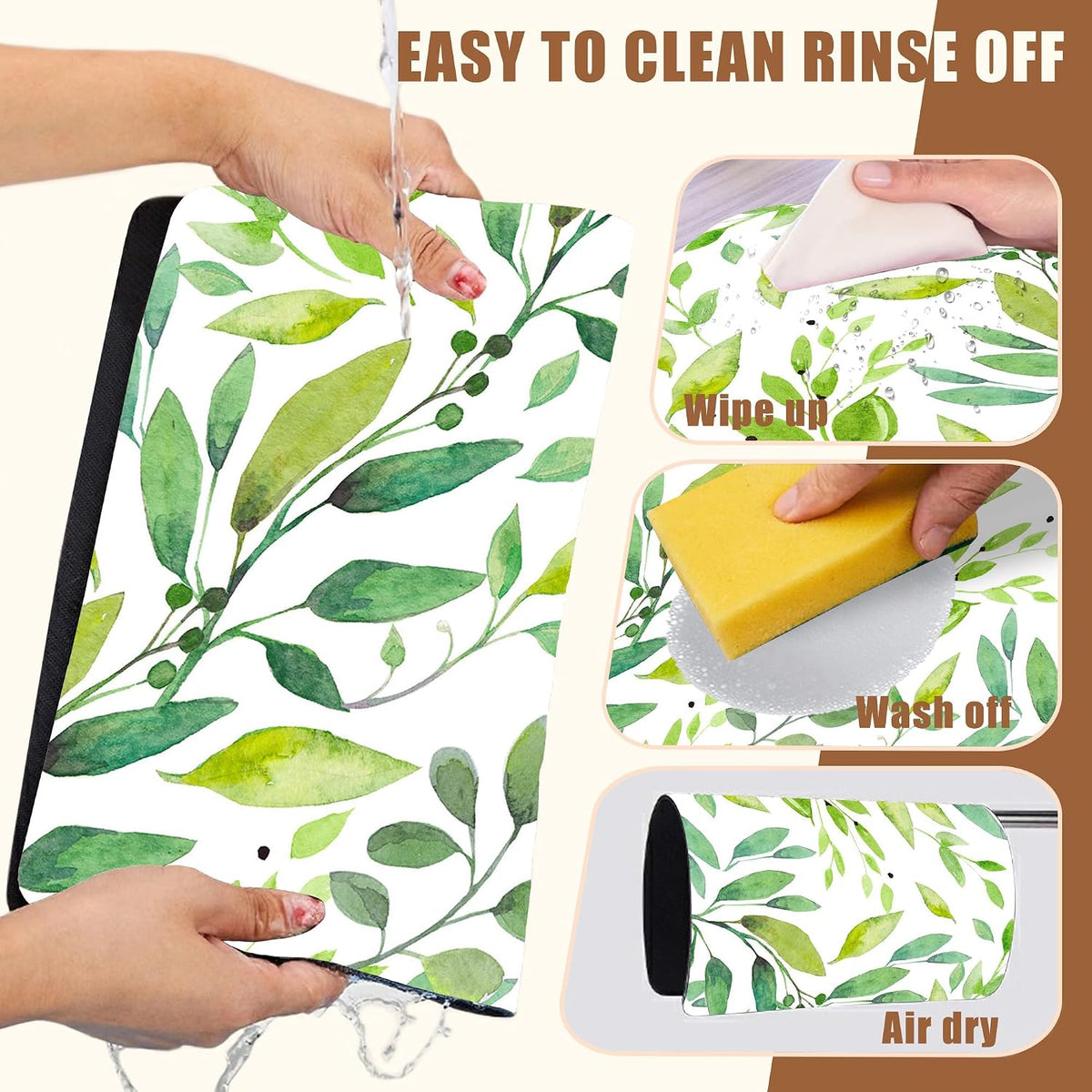 Dish Drying Mat Watercolor Green Leaves Coffee Bar Mat for Countertop Absorbent Hide Stain Rubber Backed Dish Drainer Rack Pad Espresso Machine Cafe Table Decor 11.8 x 19.7 Inch