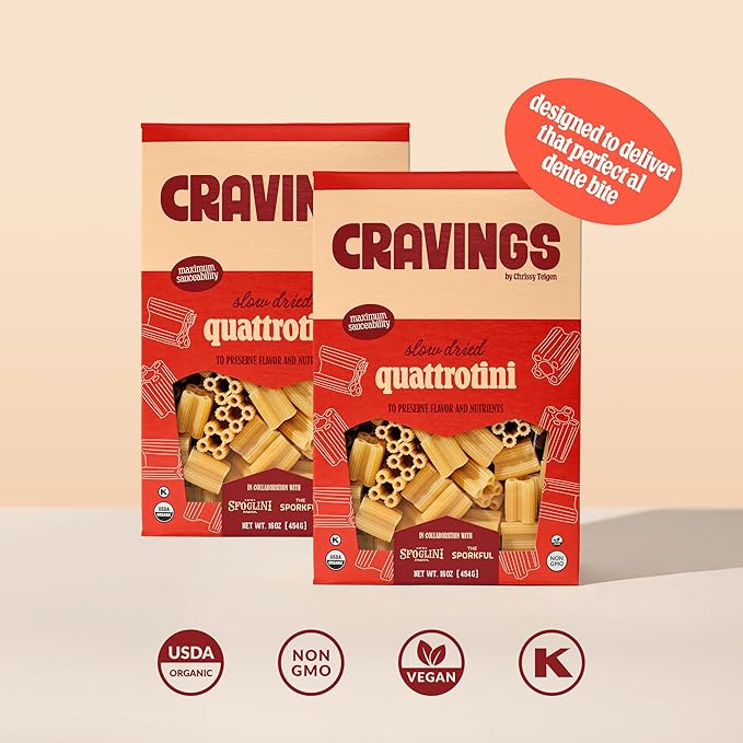 Cravings x Sfoglini Quattrotini Pasta 2 Pack | Organic Durum Semolina Pasta Noodles | Bronze-Die Cut Italian-Inspired Shape, 16oz each
