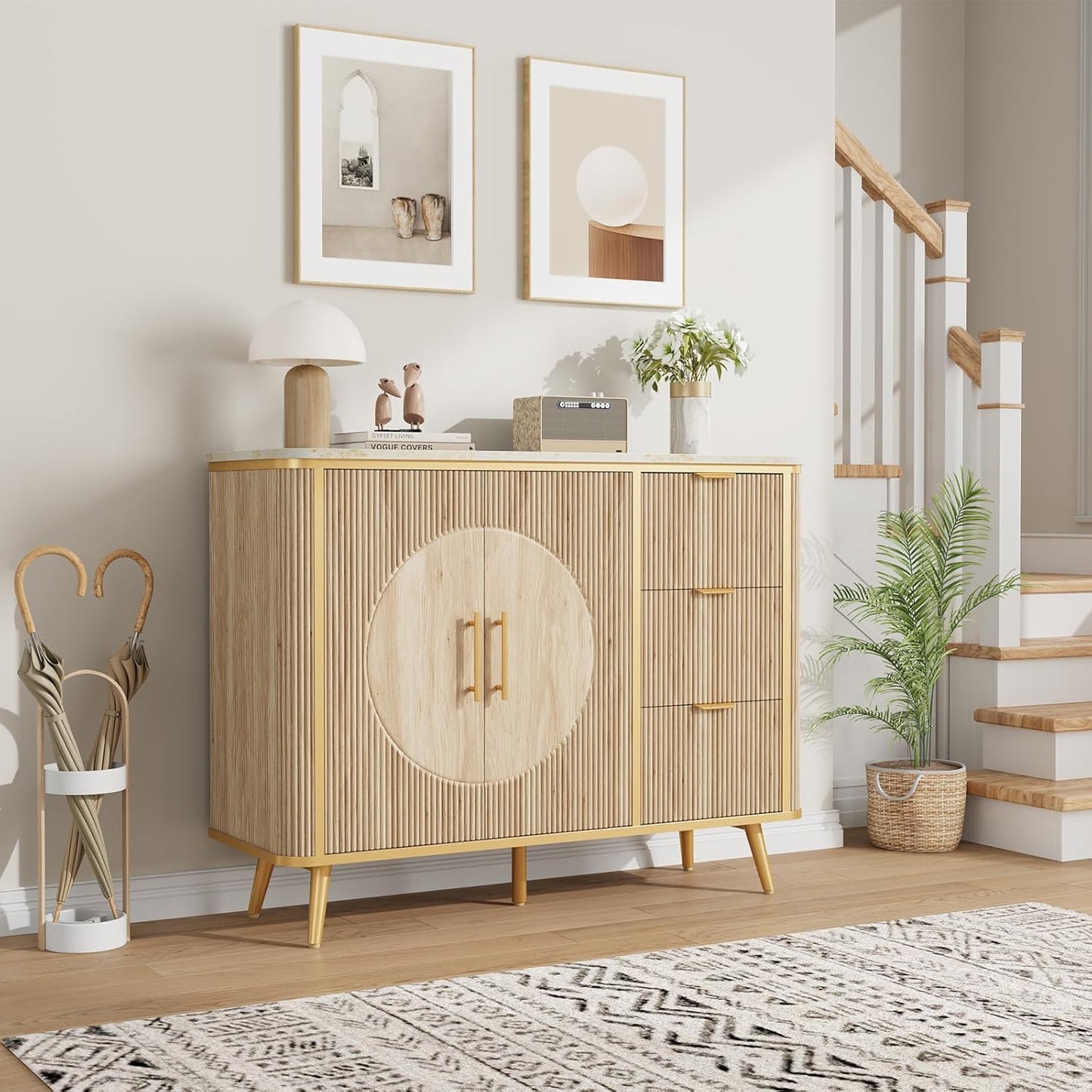 47.3" Modern Buffet Cabinet with Storage, Kitchen Sideboard Buffet with 2 Door &amp; 3 Drawers, Fluted Caffee Bar Storage Cabinet for Dining Room, Living Room, Entryway, Natural Oak